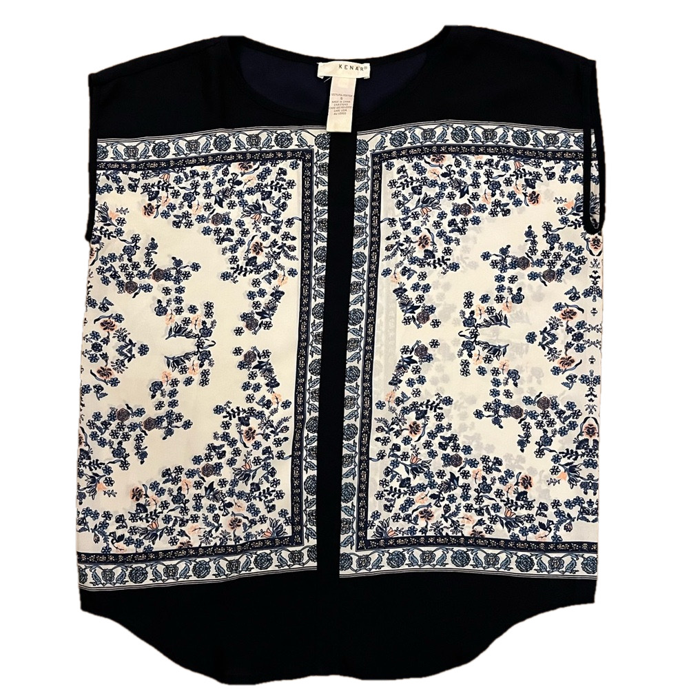 KENAR Size Small Navy Ivory floral Sleeveless Panel Print Sheer Blouse